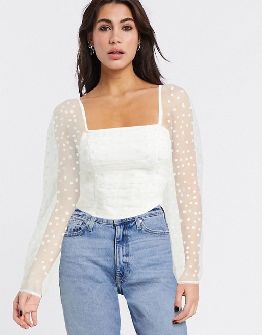 Topshop corset with organza sleeve in white