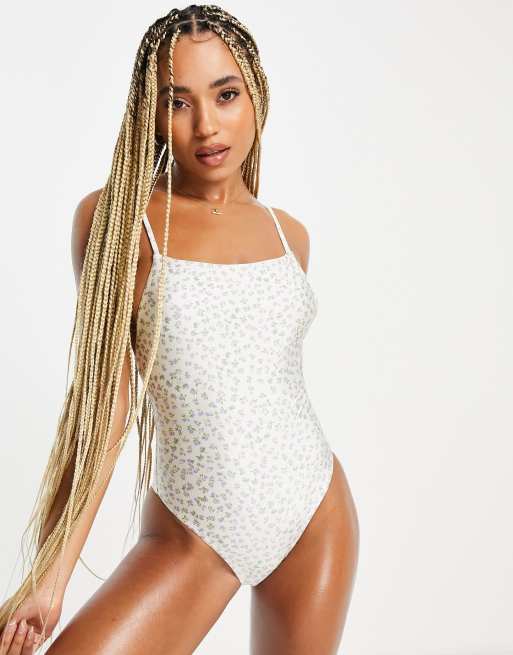 Topshop - Costume da bagno écru a fiori con scollo squadrato