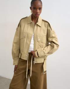 Cotton belted biker jacket in stone