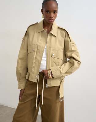 Topshop cotton belted moto jacket in stone
