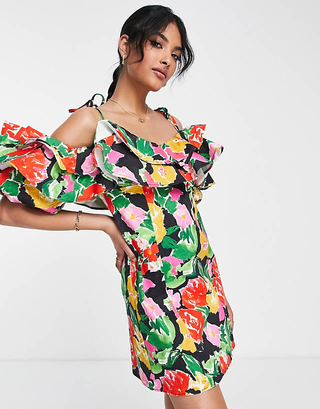 Topshop cotton blend bold floral ruffle bardot mini dress in multi