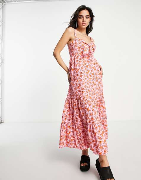 Topshop cotton blend pink and red rose poplin bow midi dress - RED - view 1