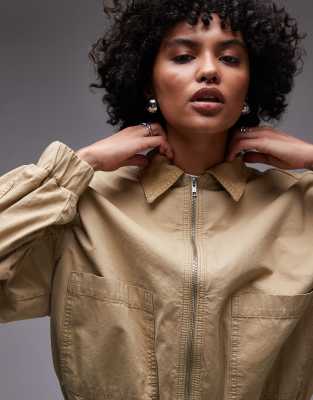 Topshop Cotton Bomber Jacket With Cord Collar In Tan-brown