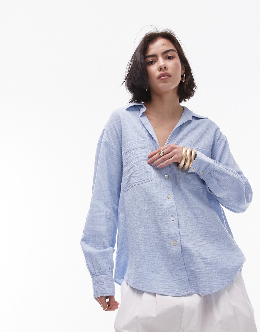 Topshop Cotton Casual Shirt In Chambray-blue