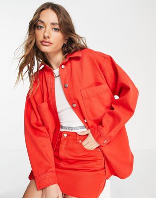 Topshop cotton co-ord denim shacket in red - RED - ASOS Price Checker
