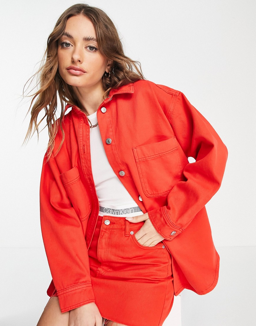 Topshop cotton co-ord denim shacket in red - RED