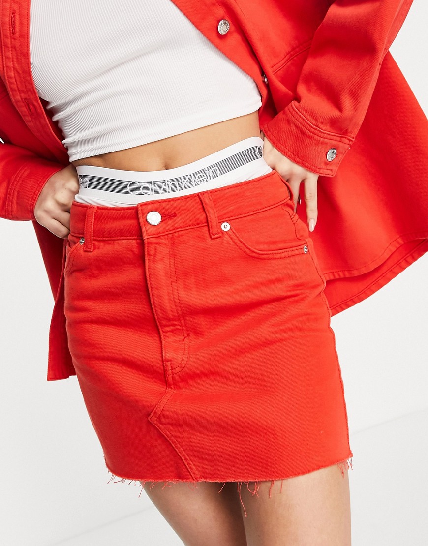 Topshop cotton co-ord high waisted denim skirt in red - RED