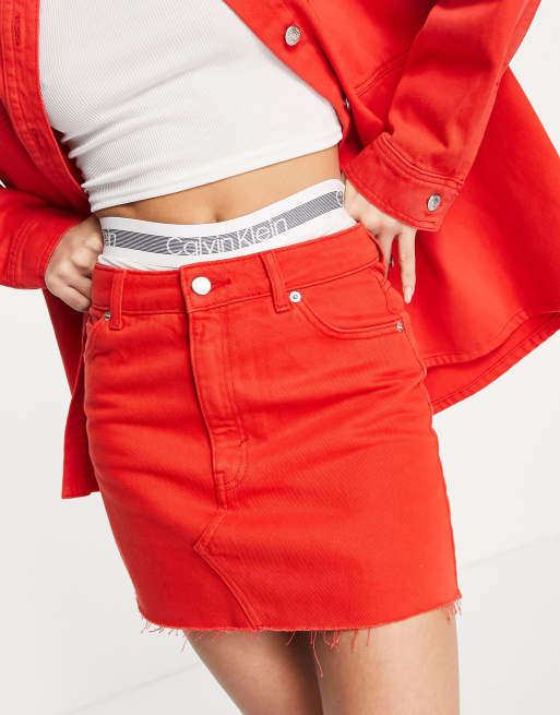 Red denim mini clearance skirt