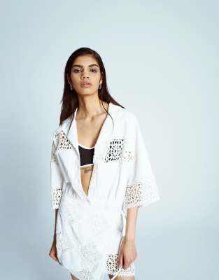 Topshop cotton crochet wrap skirt shirt dress in white