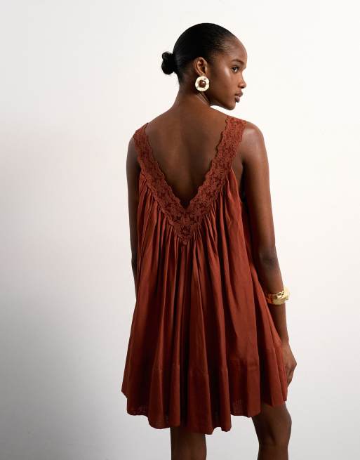 Topshop cotton deep v lace trapeze mini dress in rust, 3 of 4