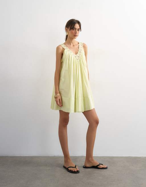 Topshop cotton deep v lace trapeze mini dress in washed lime, 2 of 4