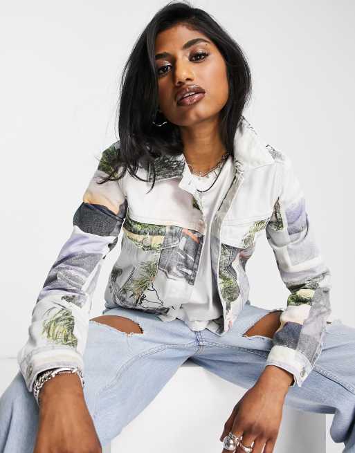 Topshop cotton denim jacket in postcard print (part of a set) - MULTI
