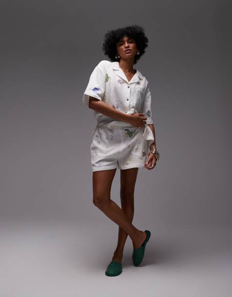 Topshop cotton doodle embroidery pull on shorts in white (part of a set) - view 1