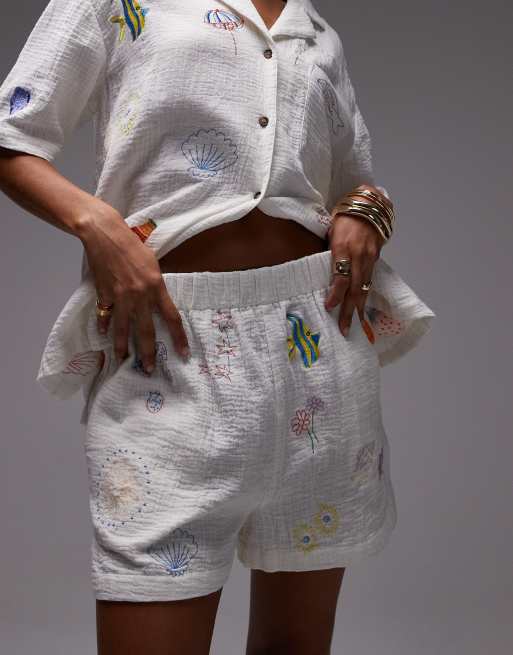 Topshop cotton doodle embroidery pull on shorts in white (part of a set), 2 of 5