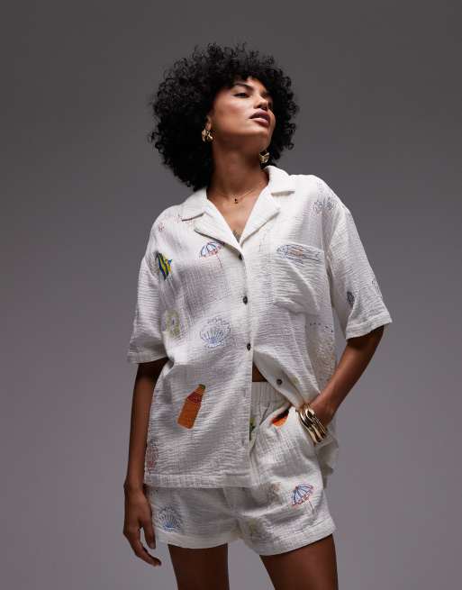 Topshop cotton doodle embroidery pull on shorts in white (part of a set), 4 of 5