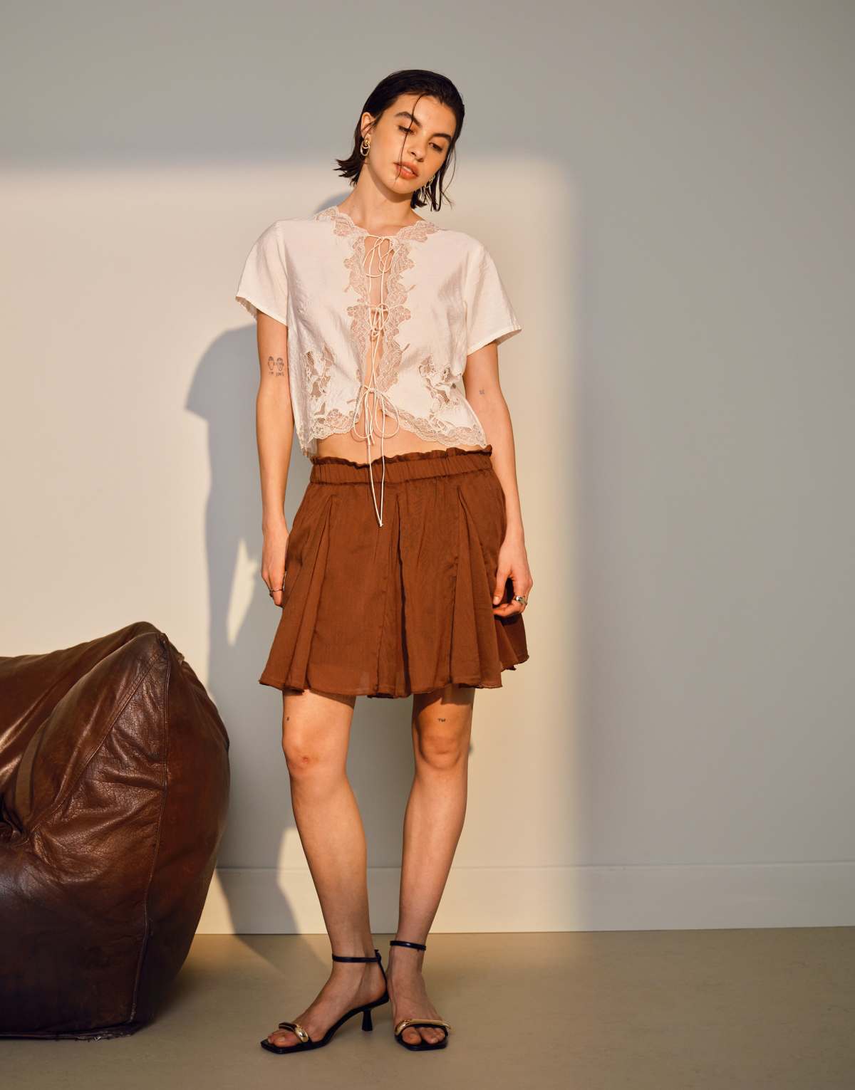 Topshop cotton flippy mini skirt with godets in brown
