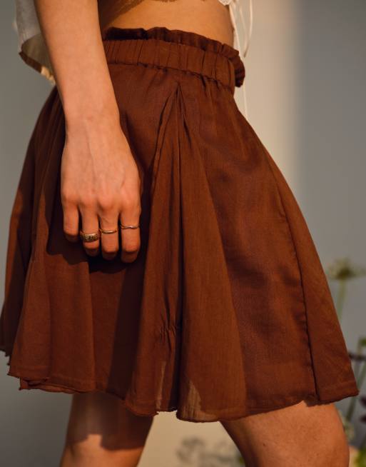 Topshop cotton flippy mini skirt with godets in brown, 4 of 5