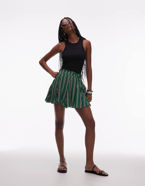 Topshop cotton flippy mini skirt with godets in green stripe - view 1
