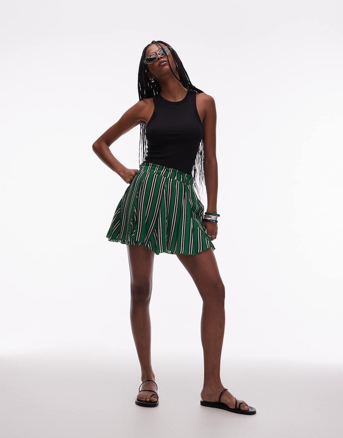 Topshop cotton flippy mini skirt with godets in green stripe