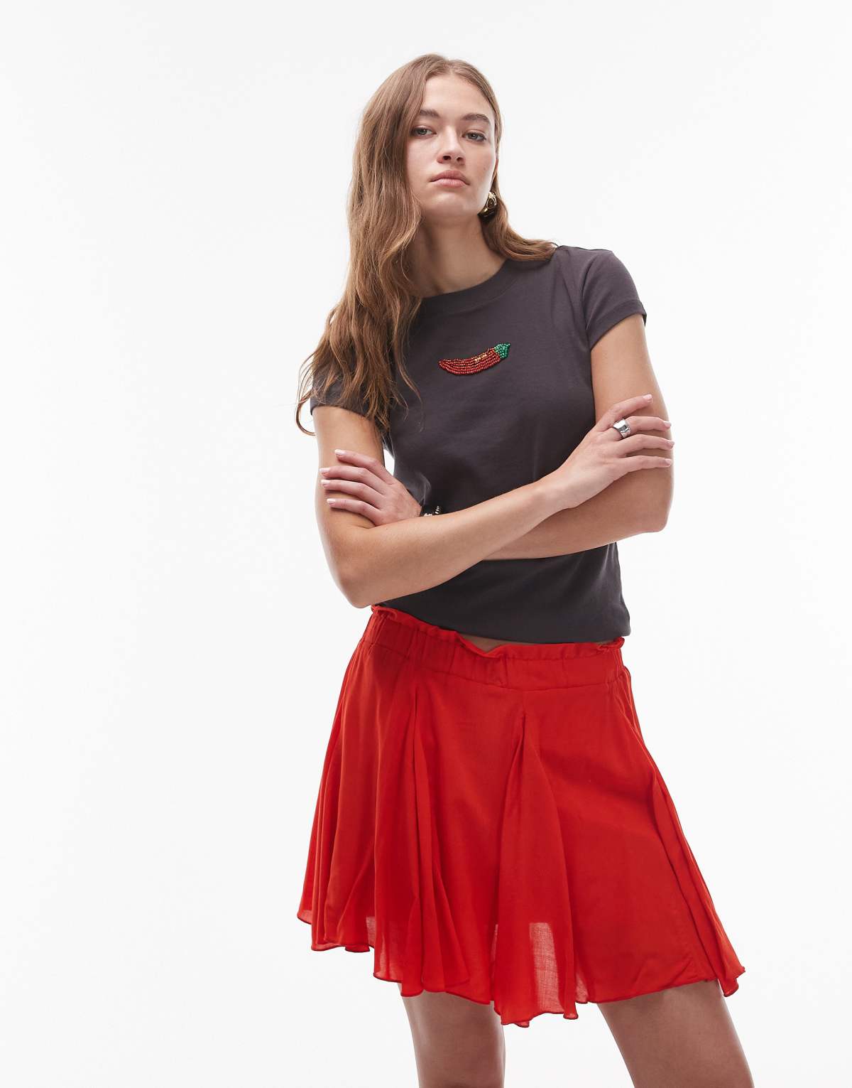 Topshop cotton flippy mini skirt with godets in red