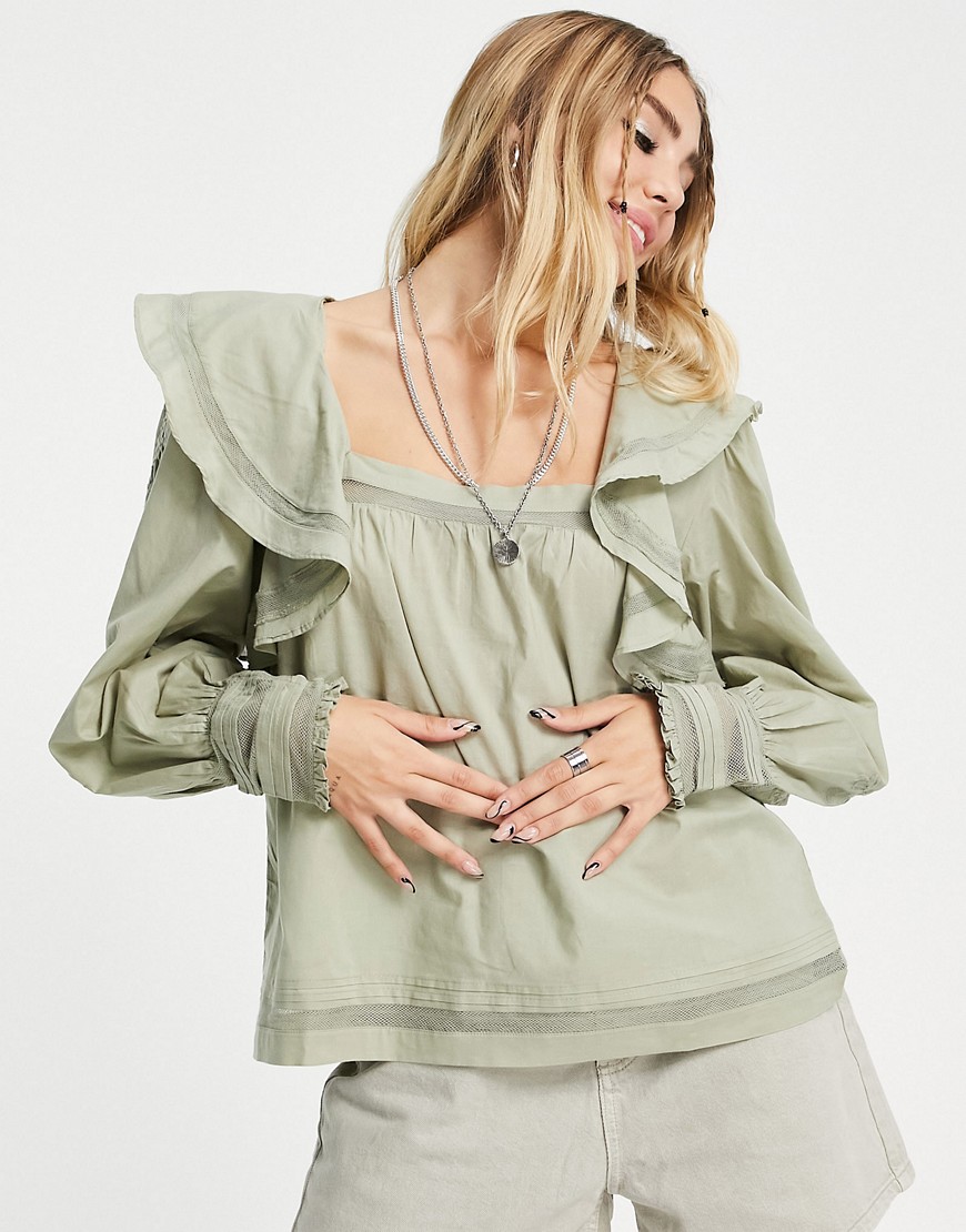 Topshop cotton frill embroidered sleeve detail top in khaki-Green
