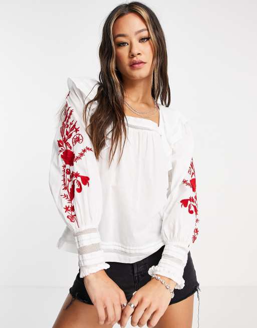 Topshop cotton frill embroidered sleeve detail top in white | ASOS