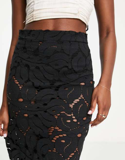 Topshop cotton lace midi skirt in black