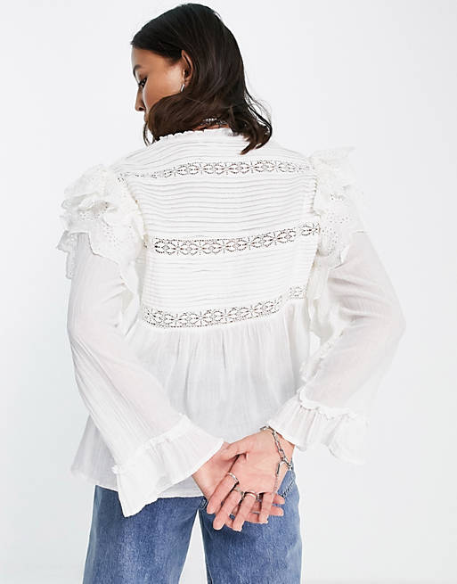 Tops Shirts & Blouses/Topshop cotton lace mix button front blouse in ivory 
