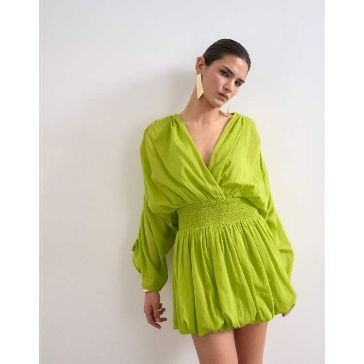 Topshop cotton long sleeved deep plunge bubble hem mini dress in lime-Green