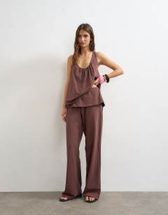Cotton overlay wide leg bottoms co-ord in chocolate