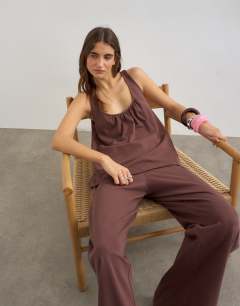 Model wearing Cotton overlay wide leg bottoms co-ord in chocolate