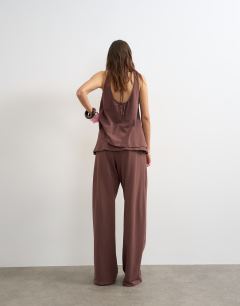 Model wearing Cotton overlay wide leg bottoms co-ord in chocolate