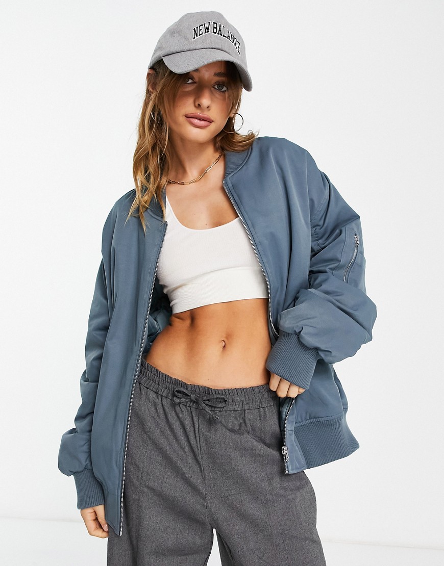 Topshop Cotton Oversized Bomber Jacket In Airforce Blue