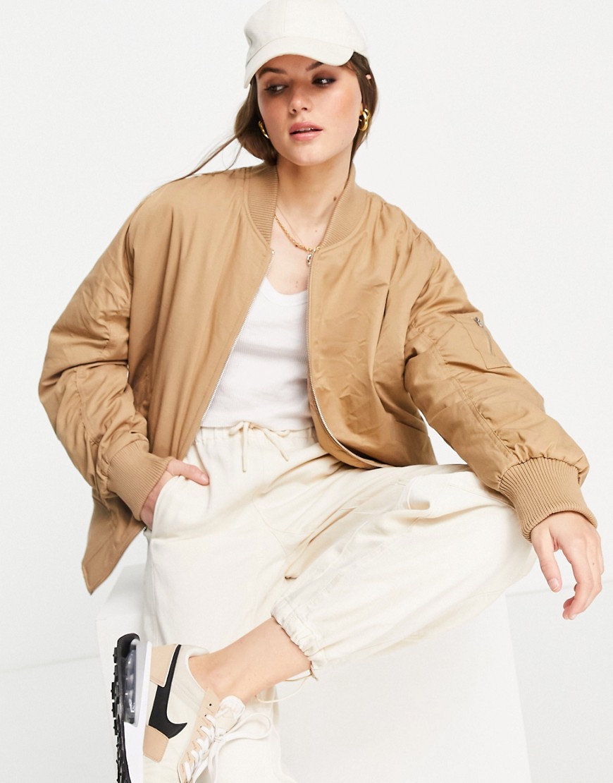 Topshop cotton oversized bomber jacket in taupe-Neutral