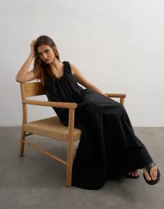 Model wearing Cotton poplin ruched neck maxi sundress in black