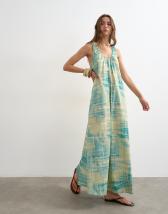 Topshop cotton poplin ruched neck maxi sundress in blue abstract print