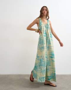 Cotton poplin ruched neck maxi sundress in blue abstract print