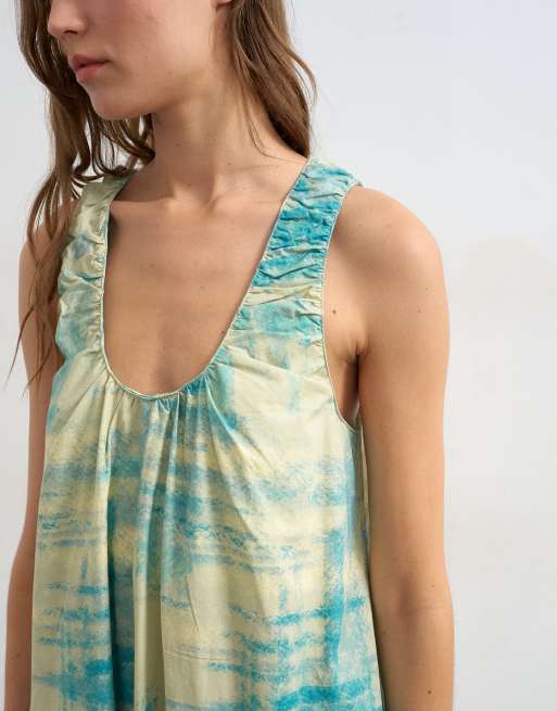 Topshop cotton poplin ruched neck maxi sundress in blue abstract print, 4 of 4