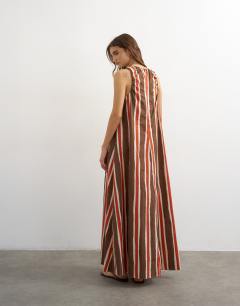 Model wearing Cotton poplin ruched neck maxi sundress in chocolate and red stripe