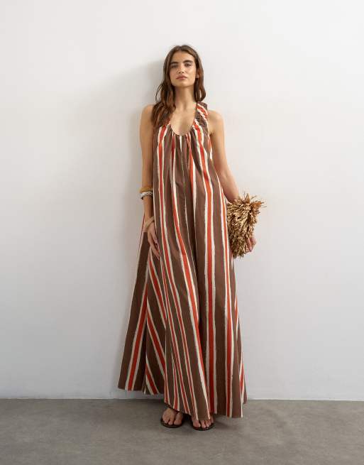 Topshop cotton poplin ruched neck maxi sundress in chocolate and red  stripes | ASOS