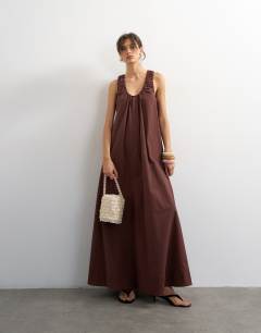 Cotton poplin ruched neck maxi sundress in chocolate