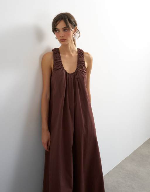 Topshop cotton poplin ruched neck maxi sundress in chocolate, 2 of 4