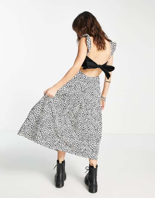 Topshop cotton poplin shirring pinny dress in spot in mono  - MULTI, 4 of 4