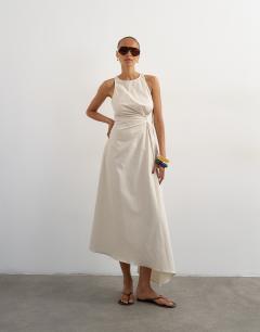 Cotton poplin tuck side racer neck maxi dress in stone