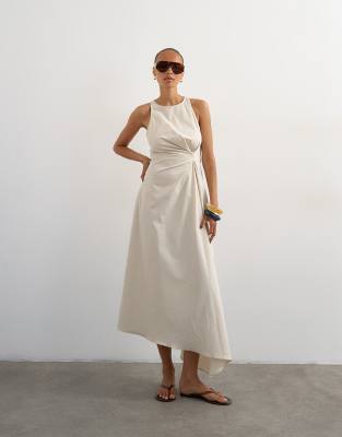 Женское макси-платье TopShop из хлопка с вырезом-борцовкой, песочное