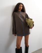 Topshop cotton rich rolled sleeve mini dress with blue contrast topstitching in chocolate