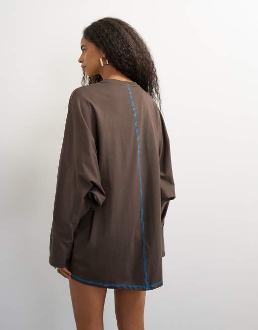 Topshop cotton rich rolled sleeve mini dress with blue contrast topstitching in chocolate, 3 of 4