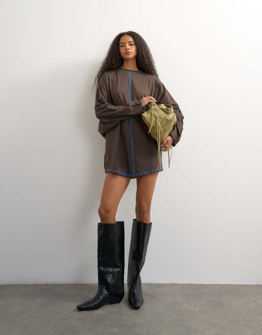 Topshop cotton rich rolled sleeve mini dress with blue contrast topstitching in chocolate, 4 of 4