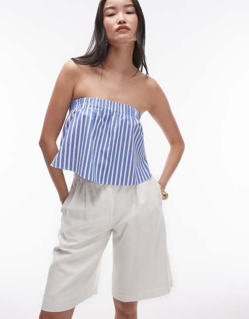 Topshop cotton stripe bandeau top in blue