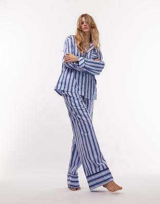 Topshop cotton stripe piped shirt and trouser pyjama set in navy